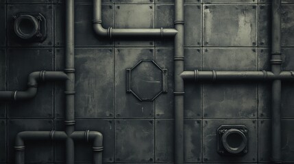 Industrial ceiling pipes with crossbeams and suspended ducts in a monotone palette