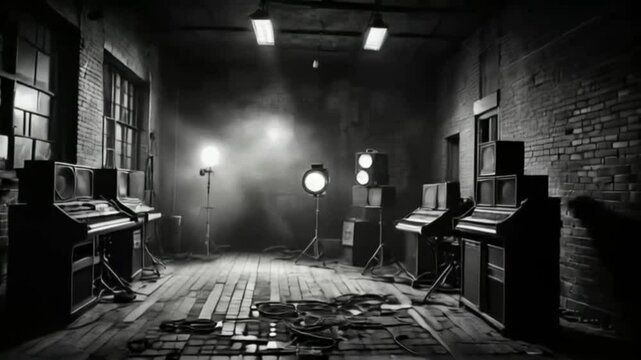 A dimly lit, black and white photo shows a large room with vintage musical instruments and studio lighting equipment, giving a sense of a forgotten recording studio or abandoned music hall.