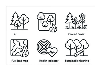 Forest management outline icons set – linear, conservation, environmental symbols