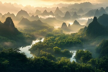 Tranquil Mountain Scenery During Sunset with Layers of Light