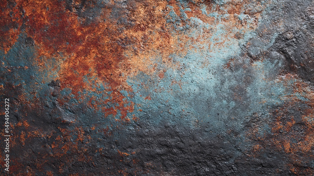 Aufkleber close up of a textured surface with rust orange blue and black color variations and rough appearance