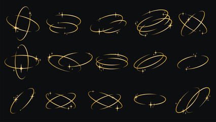 Set of golden design elements - oval orbit with shimmering particles. Sparkling border with glitter stars. Stylized orbit line with sparkles. Vector © Iry