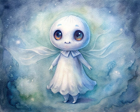 Character concept - little ghost. watercolor illustration