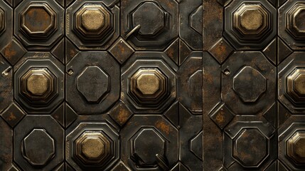 Seamless pattern of industrial bolts, mesh, and rusted metal