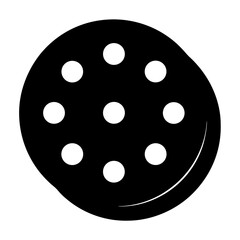 A simple black and white drawing of a cookie with white chips