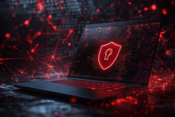 Laptop with red security shield graphic on screen