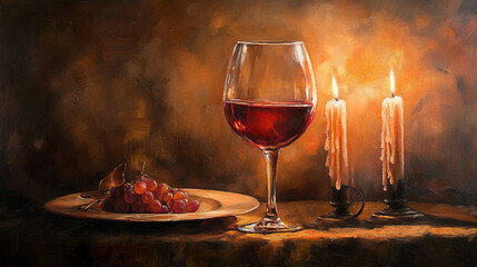 Glass of red wine sits elegantly beside a plate of fresh grapes and two lit candles, creating a warm and inviting atmosphere for a romantic evening or celebration