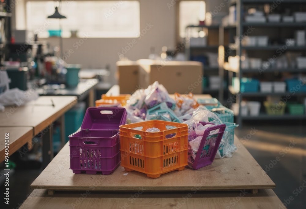 Poster colorful baskets filled with assorted items in a bright workspace