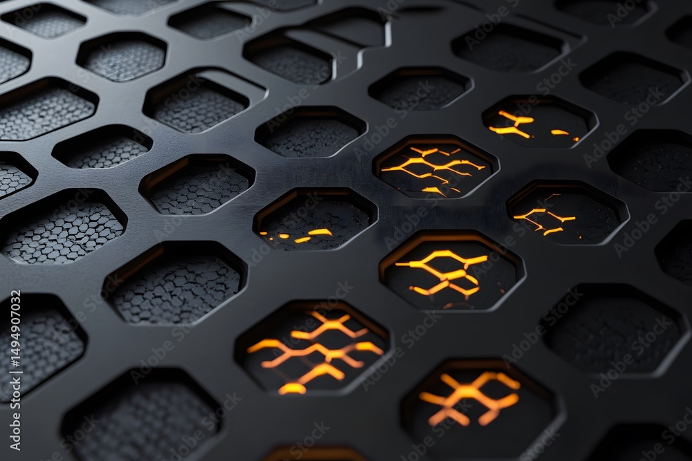 Poster abstract metal honeycomb design with warm glowing cells, creating a captivating geometric pattern. t