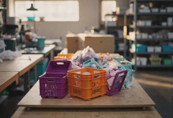 Colorful baskets filled with assorted items in a bright workspace