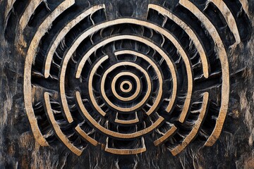 Intricate stone labyrinth nestled among greenery invites exploration and curiosity on a sunny day