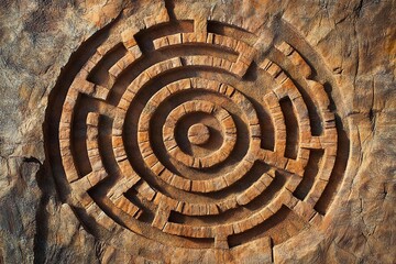 Intricate stone labyrinth nestled among greenery invites exploration and curiosity on a sunny day