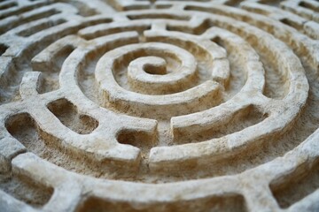 Intricate stone labyrinth nestled among greenery invites exploration and curiosity on a sunny day