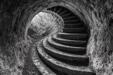 Steps lead into an endless circular tunnel creating a mysterious atmosphere with a sense of depth and intrigue