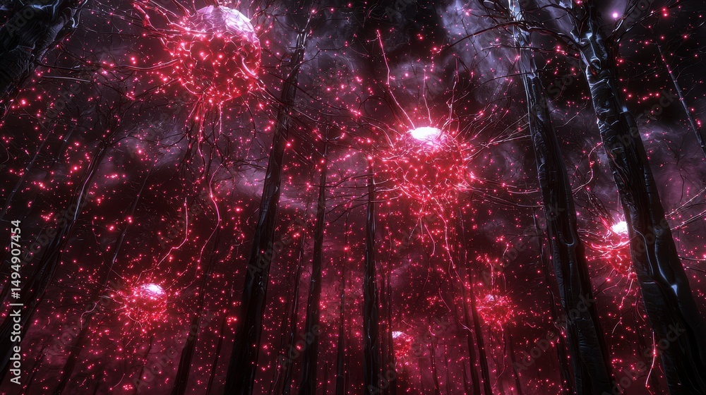 Poster conceptual art piece symbolizing the fusion of nature and technology in a surreal forest with glowin