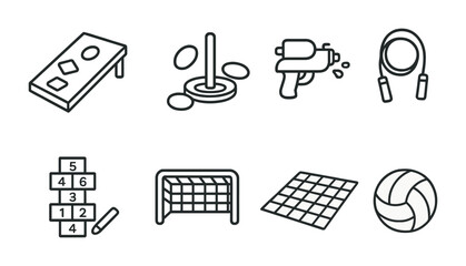 Fototapeta na wymiar Outdoor and backyard games outline icons set – flat, line, leisure and fun symbols