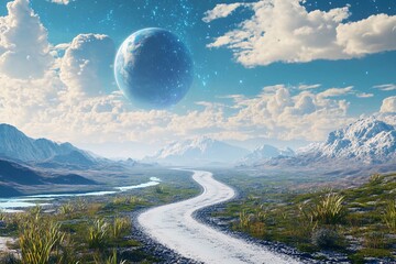 Magical road leads through a cosmic landscape toward distant planets in a starry night sky