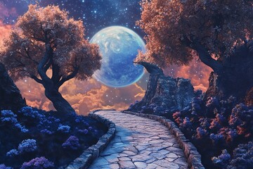 Magical road leads through a cosmic landscape toward distant planets in a starry night sky