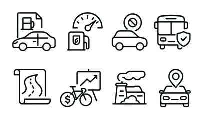 Transportation and travel line icons set – outline, linear, mobility graphics