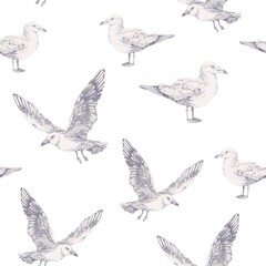 Sketch style seagulls flying and standing on a blue background. Nautical coastal theme, vintage marine wallpaper, hand-drawn birds seamless pattern for fabric on a white, wrapping paper or decor