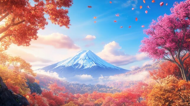 Fiery red and orange trees surround a 3D Mount Fuji under vivid blue skies, evoking the beauty of fall
