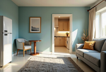 Bright and minimalist interior featuring a cozy breakfast nook with soft armchair, round wood table, white refrigerator, and a warm-toned kitchen visible through an open doorway.
