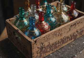 Fototapeta premium Colorful decorative bottles in a rustic wooden crate