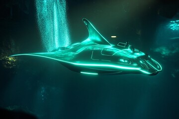 Glowing stingray-shaped submarine purifying the ocean floor while exploring deep marine environments
