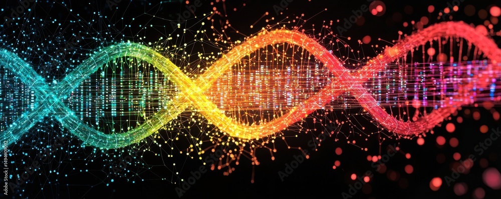 Poster conceptual representation of colorful dna strands with detailed visualization of twisting helices an