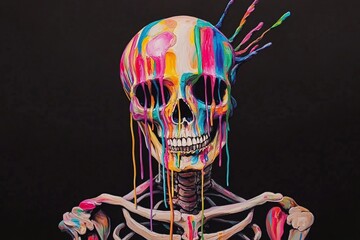 Vibrant skeletal form with skull painted in bright colors and dripping paint accents