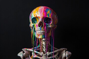 Vibrant skeletal form with skull painted in bright colors and dripping paint accents