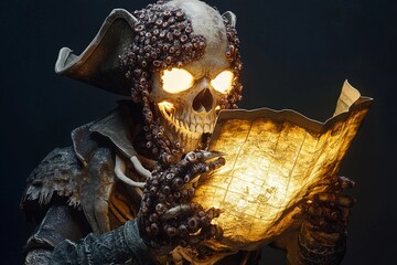 Skeletal pirate figure with glowing treasure map ready to uncover buried riches in a dark, mysterious cave