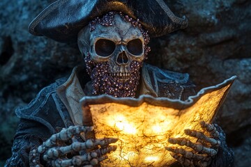 Skeletal pirate figure with glowing treasure map ready to uncover buried riches in a dark, mysterious cave