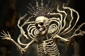 Skeletal figure with crown-like skull poses with spiral arm decorations amidst a dark backdrop showcasing intricate details
