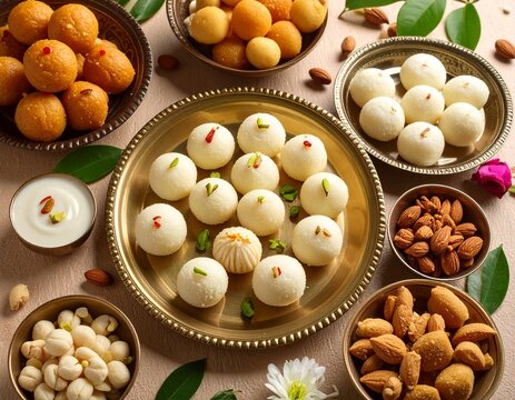 Indian traditional Assorted Sweets Rasgulla with Alpona Floor Background.