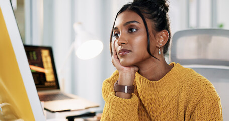 Creative, woman and bored with computer in office for software design, deadline procrastination and...