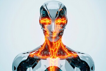 Humanoid robot showcases glowing circuits in a futuristic environment