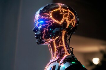 Humanoid robot showcases glowing circuits in a futuristic environment