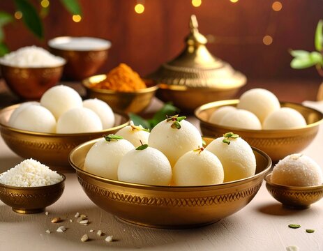 Indian traditional Assorted Sweets Rasgulla with Alpona Floor Background.