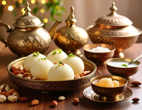 Indian traditional Assorted Sweets Rasgulla with Alpona Floor Background.