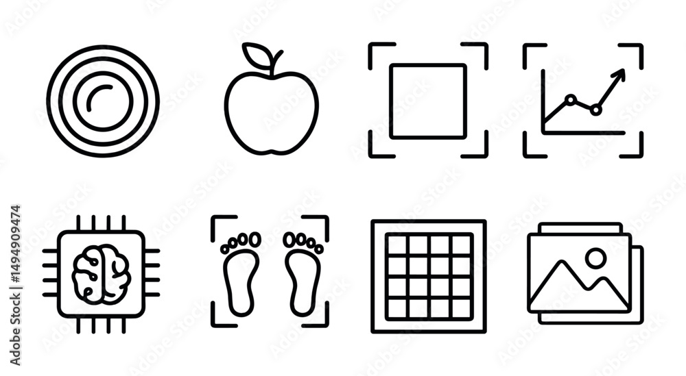 Poster technology and data outline icons set – linear, digital, tech symbols and analytics