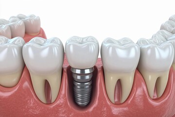 Dental implant positioned securely in the jaw surrounded by natural teeth demonstrating effective oral restoration