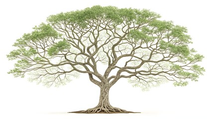 Obraz premium Majestic Sprawling Tree with Green Canopy and Roots on White Background – Nature Concept Illustration.