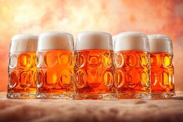 Enjoying foamy beer in large glass goblets during Oktoberfest celebration in a festive atmosphere