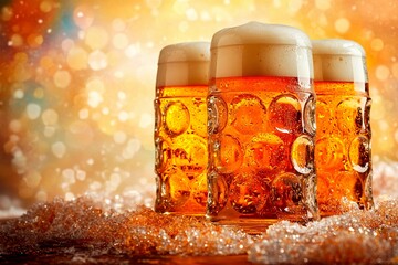Enjoying foamy beer in large glass goblets during Oktoberfest celebration in a festive atmosphere