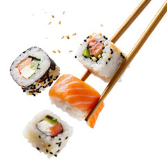 Assorted sushi rolls with salmon and chopsticks on a black background floating in the air closeup view