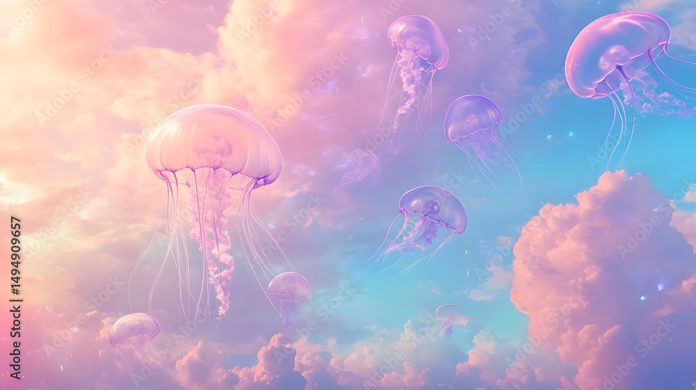 Poster dreamy jellyfish floating gracefully in the sky, creating a whimsical and ethereal atmosphere