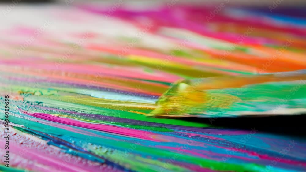 Poster close-up view of a vibrant abstract painting showing different strokes of color. the background show