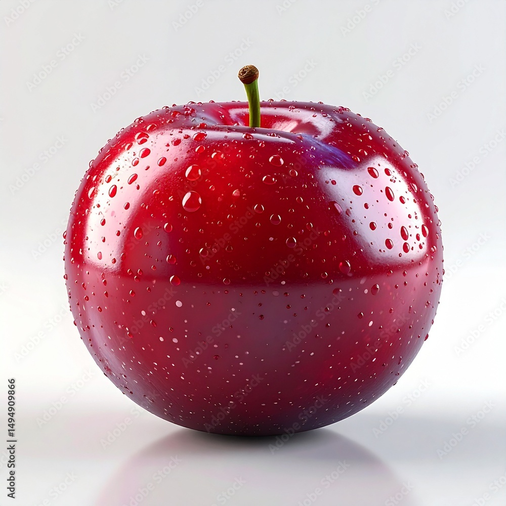 Poster 3d render of a glossy red plum with dew drops on a reflective surface