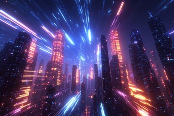 Futuristic city skyline features glowing skyscrapers with colorful lights at night creating a vibrant urban atmosphere